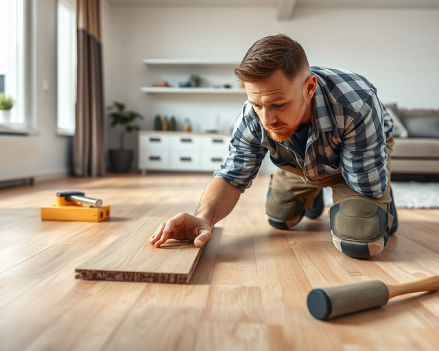 Laminált padló lerakása csempére: szakember alátétet terít, csempére merőlegesen paneleket helyez, illesztéseket ütőkővel igazítja, fugákat tömít és széleknél dilatációs részt hagy.