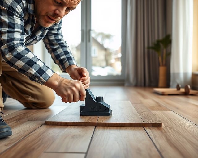 Laminált padló lerakása járólapra: szakember precízen elhelyezi az alátétet a hideg járólapon, méri, vágja a laminátlécet és válaszfalnál hézagot hagy a tágulásnak.