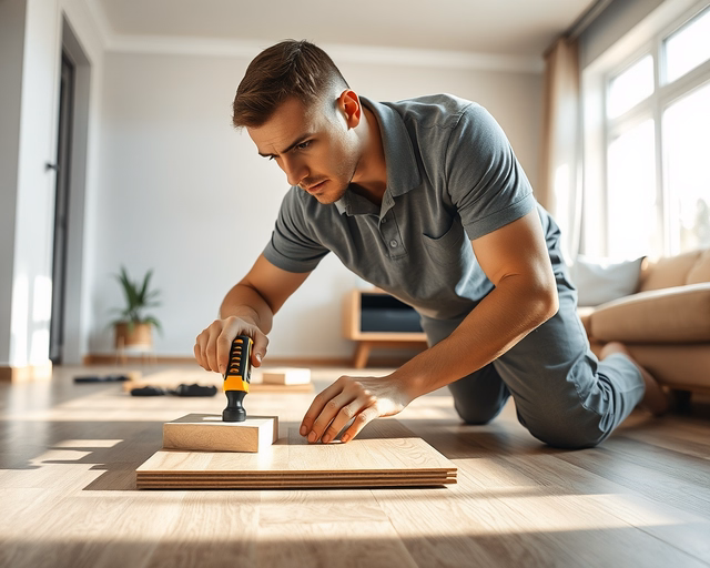 Laminált padló lerakása meglévő laminált padlóra: szakember pontozott ragasztócsíkokat visz fel a régi lapokra, precízen illeszti az új laminát elemeket, ütőfával igazítja és fugázó távtartókat helyez be.