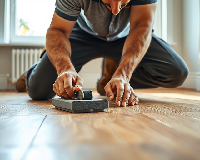 Laminált padló lerakása meglévő parkettára: szakember pontosan előkészíti a régi parkettát, simítja, alátétet fektet, majd soronként precízen illeszti és rögzíti a laminált lapokat.