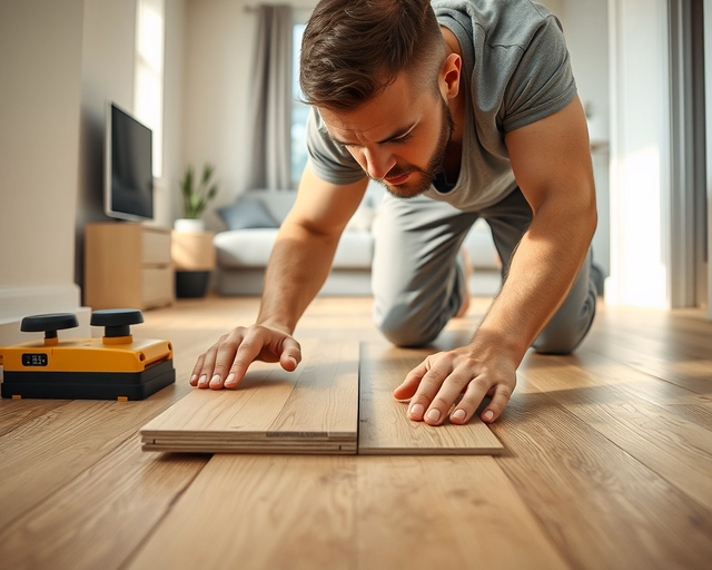 Laminált padló lerakása padlófűtésre: szakember precízen méri és fekteti a hőszigetelő alátétet, majd lapról lapra pontosan illeszti a laminált paneleket a padlófűtés csövei fölött.