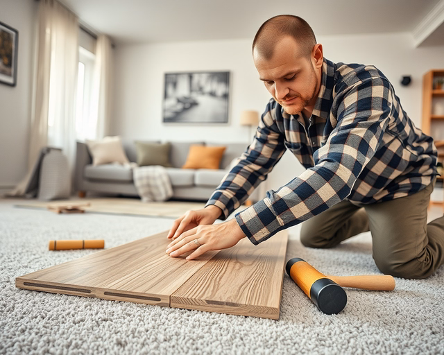 Laminált padló lerakása padlószőnyegre: szakember először alaposan kiegyenlíti és lekaparja a szőnyeg felületét, majd gőzölés után párazáró fóliát terít, és precízen illeszti a laminált padlólapokat.