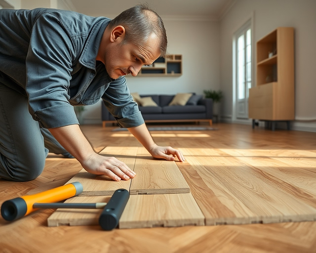 Laminált padló lerakása parkettára: szakember pontosan méri, alátétet terít, snap-rendszerrel illeszti a lapokat, gumikalapáccsal rögzíti és hézagot tart a falnál, tisztán dolgozik.