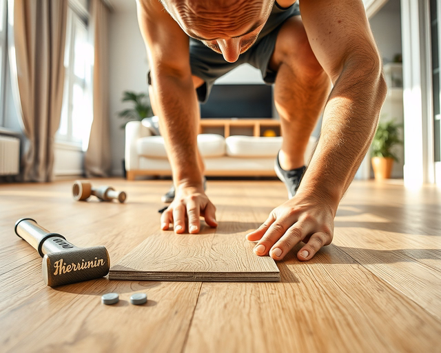 Laminált padló parkettára: szakember precízen méri és ragasztja a laminált lapokat a meglévő faparkettára, gumikalapáccsal illeszti, fugákat tisztítja, sima, egyenletes felületet hozva létre.