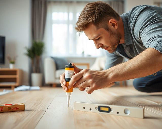 Laminált padló ragasztása a falra: a szakember precízen felviszi a rétegelt ragasztót, pontosan illeszti a laminált paneleket, kalapáccsal és távtartókkal igazítja, majd megtörli a felesleget.