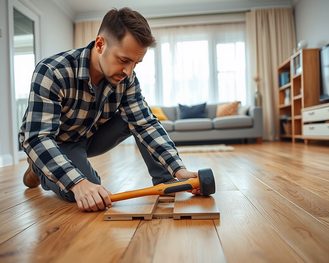 Laminált padló recsegésének megszüntetése: szerelő óvatosan szétszedi a parkettapaneleket, rögzítő alátéteket helyez és tömítőanyagot visz fel a hézagokra, hogy megszüntesse a nyikorgó súrlódást.