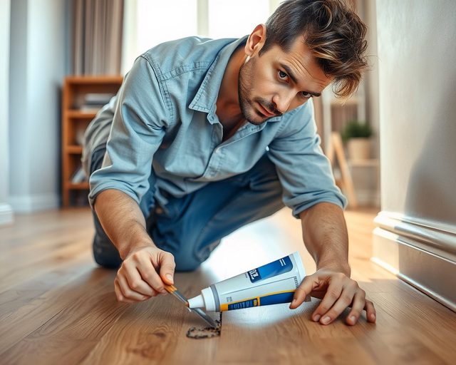 Laminált padló résének kitöltése: szakember gumihegyezővel kitisztítja a hézagot, majd flexibilis tömítőmasszát fecskendezi be, egyenletesen simítja, felesleget letörli és hagy száradni.