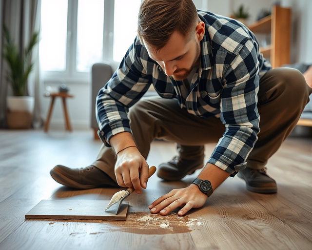 Laminált padló sérülésének javítása: mester gondosan tisztítja a repedt laminátcsíkot, kiszed egy sérült panelrészt, precízen illeszti az utántöltő tömítést és simítja, majd lecsiszolja a felületet.