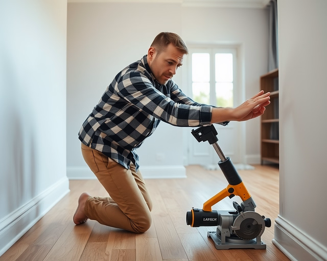 Laminált padló szegélyének felrakása: szakember méri, vágja és ragasztja a dekoratív szegőléceket a fal tövéhez, simítja a tömítést és rögzíti sarokösszekötőkkel a tiszta, illeszkedő végeredményért.