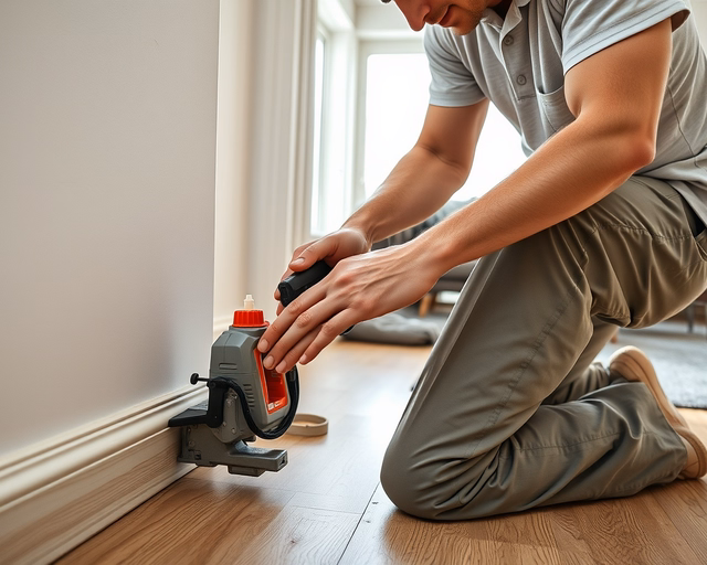 Laminált padló szegélyezése: mester precízen fúrja és rögzíti a tömörfa szegélyléct a falhoz, takarócsíkok illesztése és vágása látható, pormentes munkaterület.