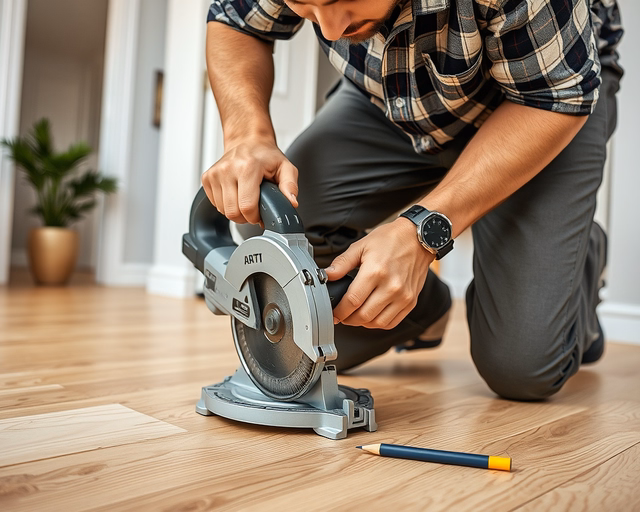 Laminált padló szegélylécek sarkainak vágása: mester precízen méri és jelöli a szegélylécet, fűrésszel vagy kézvágóval vág, hogy pontos 45°-os sarok illeszkedés jöjjön létre.