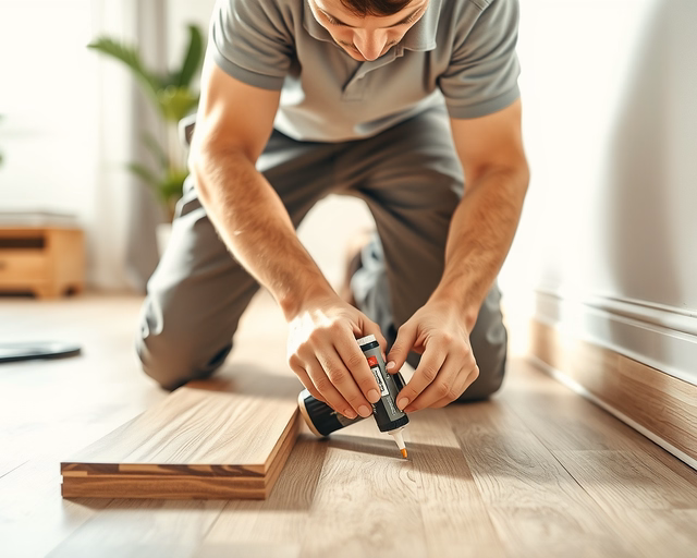 A mester precízen illeszti a laminált padló szegőlécet a fal és padló találkozásához, fából készült szegélyt mér, vág és rögzít csipszeggel — Laminált padló szegőléc lerakása.
