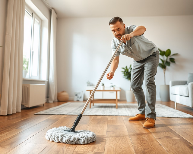 Laminált padló takarítása: takarító puha mop-pal óvatosan áttörli a padlót, hogy eltávolítsa a port és foltokat, miközben kerüli a túl sok vizet, hogy megóvja a laminált felületet.