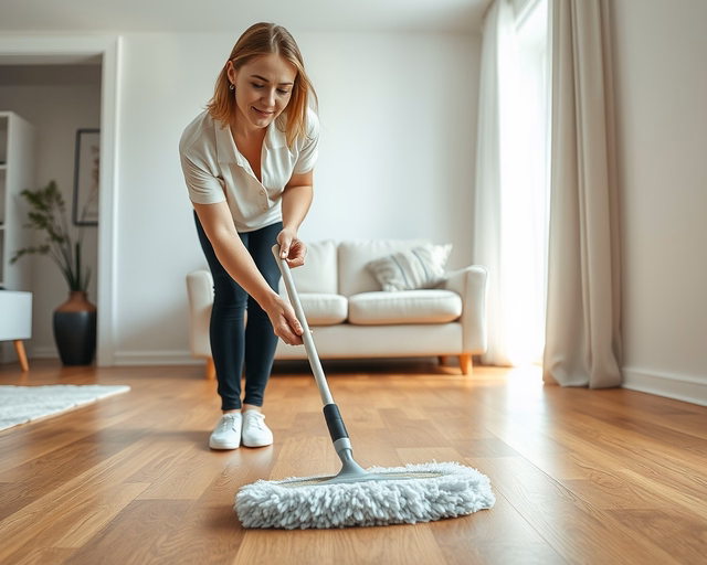 Laminált padló tisztítása: takarító gumikesztyűben finoman felhúzza a mikroszálas mopot, lúgos tisztítószerrel nedvesíti, majd egyenletes mozdulatokkal áttörli a padlót a csíkmentes fényért.