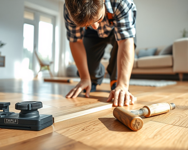 A mester óvatosan leszed egy régi laminált padlólapot, majd precízen tisztítja az aljzatot és előkészíti a felületet a laminált padló újrarakása kulcsfontosságú lépéseként.