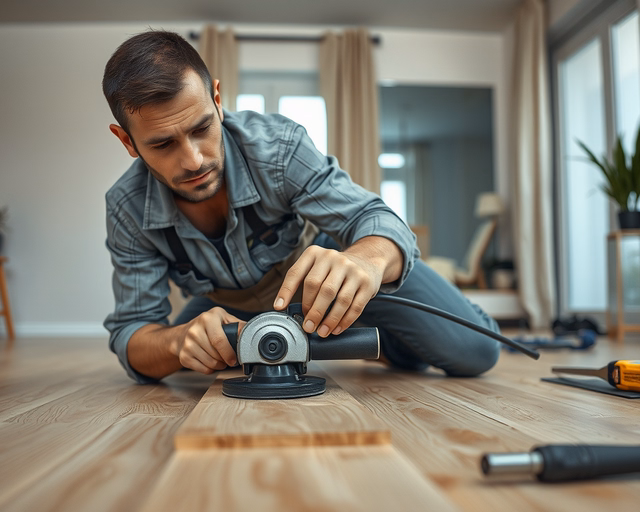 A mester precízen vágja a laminált padlót sarokcsiszolóval, biztonsági szemüvegben és porvédő maszkkal, stabilen rögzített lappal, tiszta, egyenes vágást készítve. "Laminált padló vágása sarokcsiszolóval"