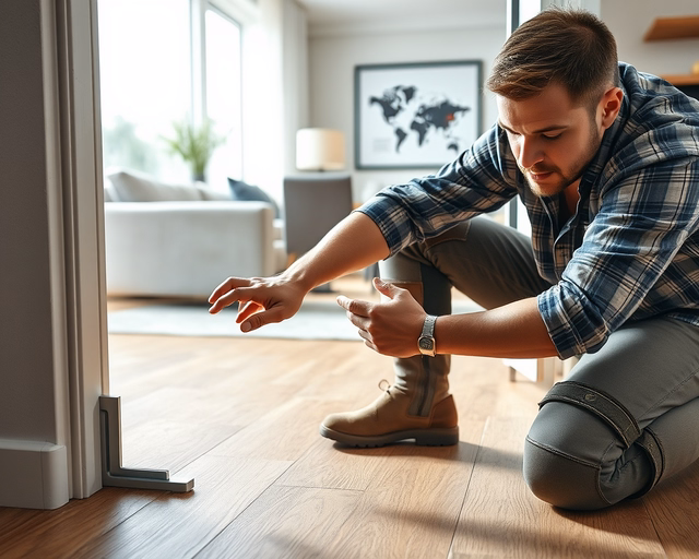 A mester pontosan illeszti a laminált padló végzáró profilját a fal és a padló találkozásához, ütőfával végső rögzítést adva a profilnak. (kulcsszó: Laminált padló végzáró profiljának lerakása)