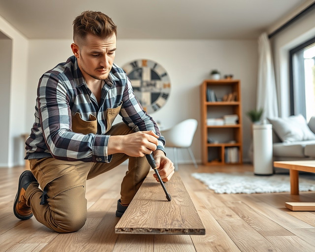 Fotó: mester óvatosan emeli fel a laminált padlólapot csúnya illesztésnél, feszítőszerszámmal és kesztyűben dolgozva — laminált padló visszaszedése a padlóaljzat védelmével.