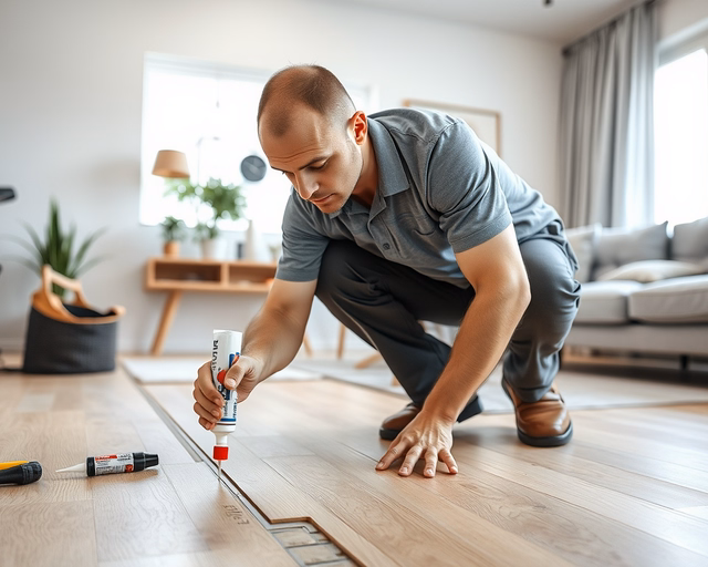 Laminált padló vízállóvá tétele: szakember óvatosan megtisztít egy padlósávot, majd precízen felhord egy vízálló tömítőréteget a fugákra és illesztésekre, megszárítja és ellenőrzi a szigetelést.