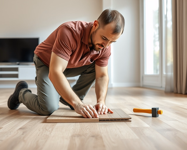 Laminált padlóburkolat: Szerelő pontosan illeszti és kalapálja a paneleket, lécek alatt horonyba csúsztatva, simítja a fugákat, pormentes munkaterületen, szabályos illesztés és esztétikus felület.