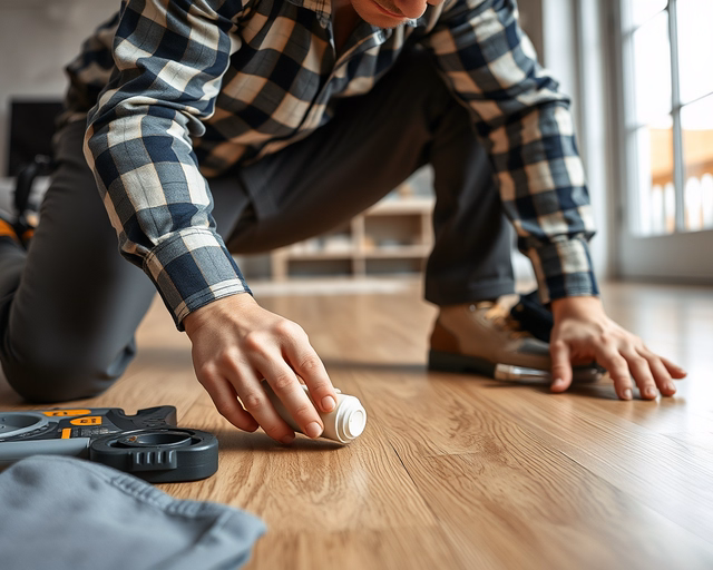 Laminált padlóhibák javítása: szakember precízen emeli ki sérült lécet, pótolja új elemmel, illeszti és ragasztja, majd lecsiszolja és tisztítja a felületet a tökéletes illeszkedésért.