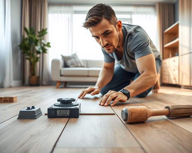 Laminált padlólap lerakása: szakember méri, ragasztómentes click-rendszerrel pontosan illeszti a panelek szálirányát, feszítőléccel illeszkedést ellenőriz, hézagokat és dilatációs rést biztosít.