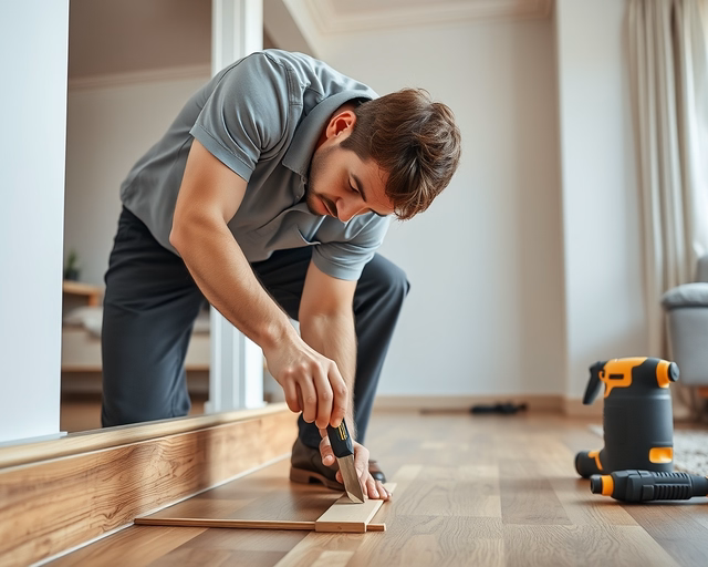 A szerelő precízen illeszti a laminált padlószegélyt a fal és padló találkozásához, rögzítve és végigütve a klipszeket — Laminált padlószegély lerakása.