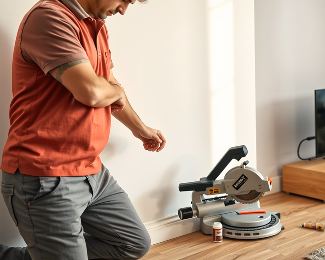 A szerelő precízen illeszti a laminált padlószegélyt a fal és a padló találkozásához, fémkapcsokkal rögzítve, simára fugázva — Laminált padlószegély telepítése.