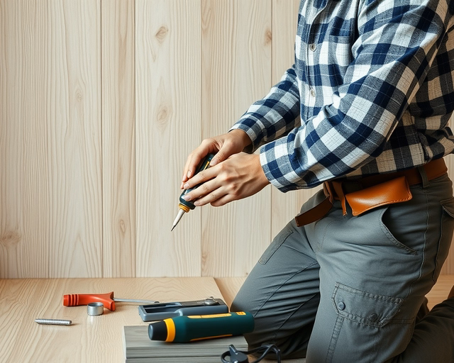 Laminált parketta a falon: szakember precízen vágja és ragasztja a laminált lécet függőleges elrendezésben, gumikalapáccsal igazítva a illesztéseket és takarító ronggyal törölve a ragasztófoltokat.