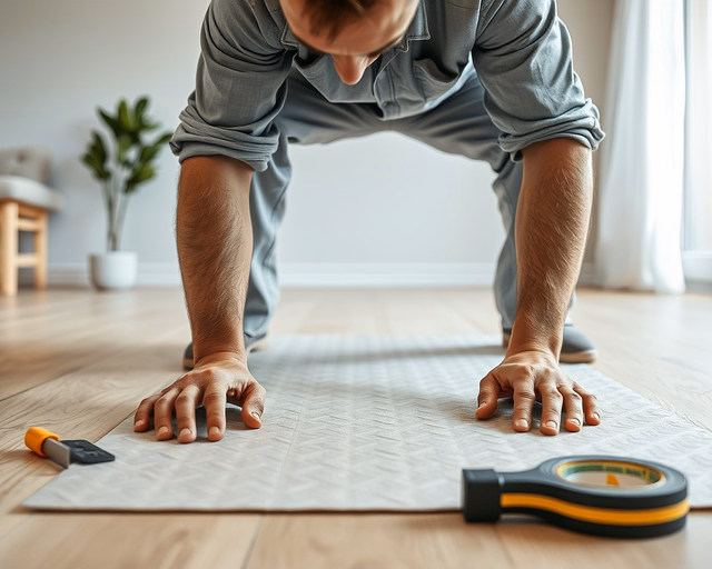 Laminált parketta alátét szigetelés: szakember precízen vághatja és illeszti az alátét szigetelő réteget a padló alá, simítva, illesztéseket ragasztva a nedvesség és zaj elleni védelemért.