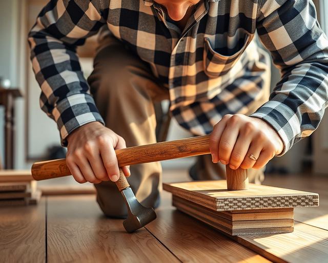 Laminált parketta felszedése: munkás kesztyűben és levegőzővágóval óvatosan emeli fel a padlólapokat, szétválasztva a ragasztó- és alátétréteget, miközben szemetet gyűjt és padlóaljzatot ellenőriz.