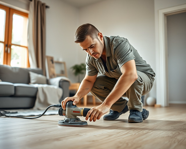 Laminált parketta felújítása: szakember finoman csiszolja a kopott felületet, port eltávolítja, majd precízen felviszi a védőréteget, hogy megszűnjenek karcok és visszatérjen az eredeti fény.