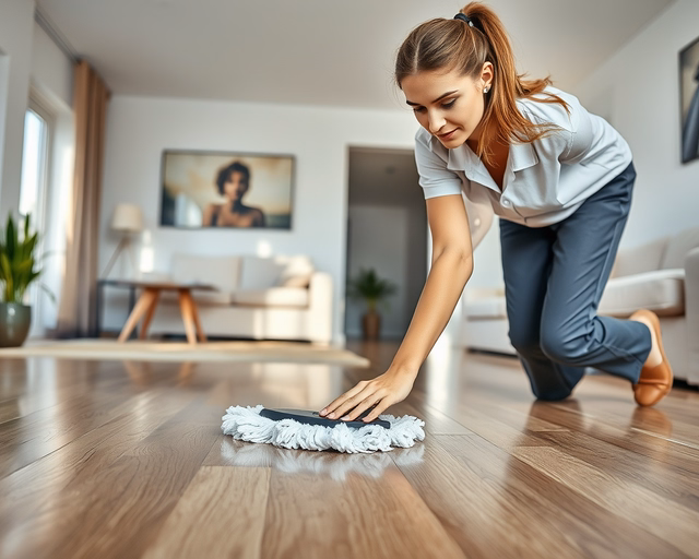 Laminált parketta fényesítése: szakember finoman polírozza a felületet speciális polírozó géppel és fényesítő pasztával, hogy visszaadja a parketta eredeti csillogását és védőréteget képezzen.