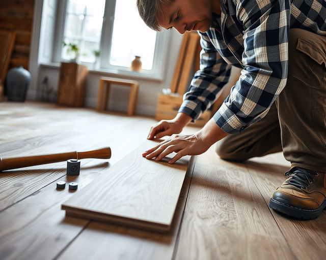 Laminált parketta javítása: szakember óvatosan kifeszíti a sérült padlólapot, eltávolítja és igazítja az alátétet, majd pontosan illeszti és ragasztja az új laminát darabot a helyére.