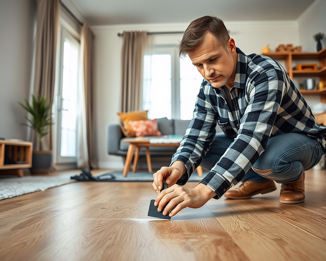 Laminált parketta karcolásainak javítása: szakember finoman tisztítja a karcos felületet, majd speciális tömítőpasztával kitölti a horpadást, csiszolja és színezi, hogy a javítás észrevétlen legyen.