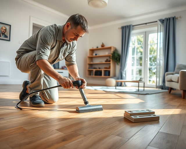 Laminált parketta lakkozása: szakember aprólékosan tisztítja a felületet, finoman csiszolja, pormentesít, majd egyenletes rétegben ecsettel felviszi a lakkot, simítva a csíkmentes eredményért.