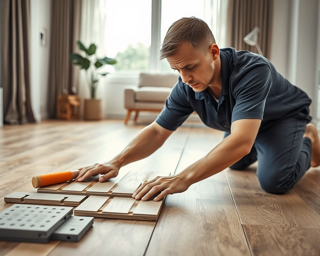 Laminált parketta lerakása padlófűtésre: szakember hőtükörfóliát és alátétet simít, precízen szegezi a laminált lapokat, fugákat ellenőrzi, ragasztás nélkül, padlófűtés csövei mentén pontos illesztéssel.