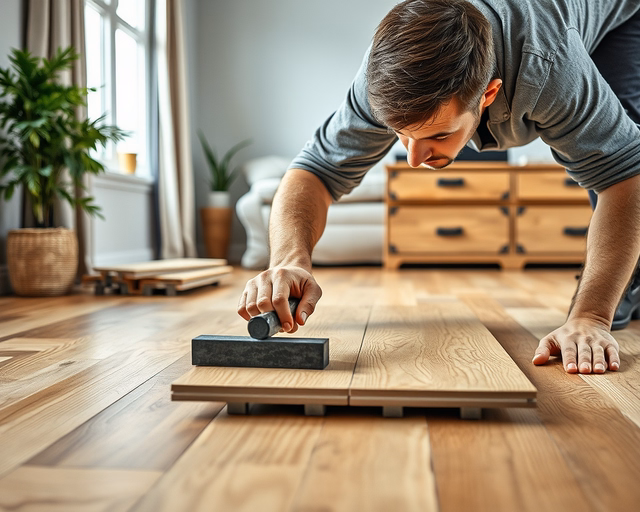 Laminált parketta lerakása régi parkettára: szakember lécek hosszanti illesztését méri, ragasztómentes úszóburkolatot helyez szigetelő alátétre, precízen vágja és illesztíti a panelek fugáit.