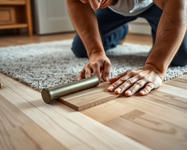 Laminált parketta lerakása szőnyegpadlóra: munkás előkészíti a felületet, levágja a szőnyeg szálait, fektet alátétet, majd soronként precízen illeszti és pattintja össze a laminált lapokat.