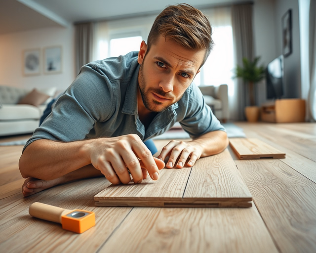Egy szerelő gondosan ragasztja a laminált parkettát padlófűtés fölé, precízen illesztve a lapokat és ügyelve a fűtőcsövek és hőtükör réteg épségére. (Laminált parketta padlófűtéshez)