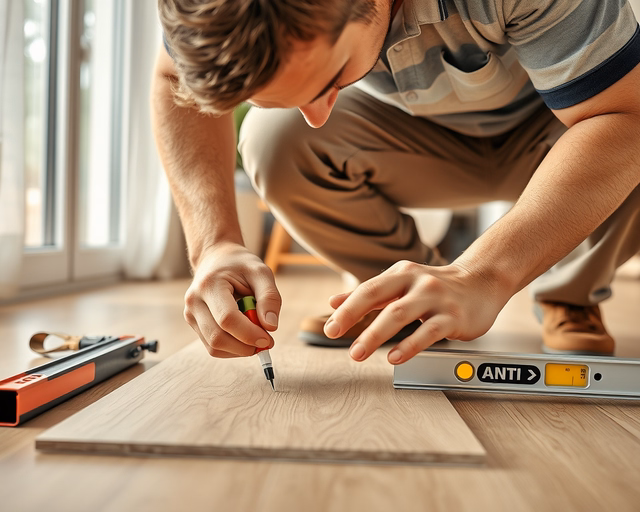 Laminált parketta recsegésének megszüntetése: szakember kézzel megemeli és alátámasztja a lécet, miközben csavarhúzóval és faékkel pontosan igazítja a panelt a tömör, recsegésmentes illeszkedéshez.