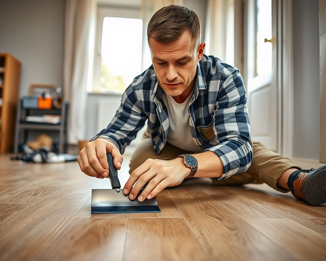 Laminált parketta sérüléseinek javítása: szakember finoman kicseréli törött lécet, méri, vágja, ragasztja és illeszti az új darabot, majd csiszolja és színezett lakkal zárja a felületet.