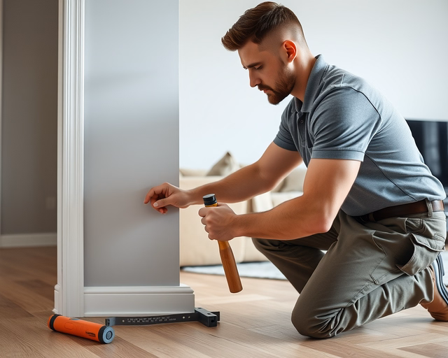 Laminált parketta szegély behelyezése: szakember precízen illeszti és rögzíti a fa szegélyléceket a fal és a padló találkozásánál, pótolva a hézagot és biztosítva az esztétikus zárást.