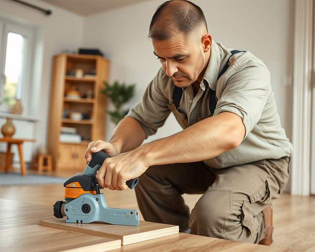 Laminált parketta vágása: szakember pontosan jelöli meg a vágási vonalat, vezetőléccel rögzíti a lapot, majd kézi körfűrésszel lassan és egyenesen vágja át a parkettát.