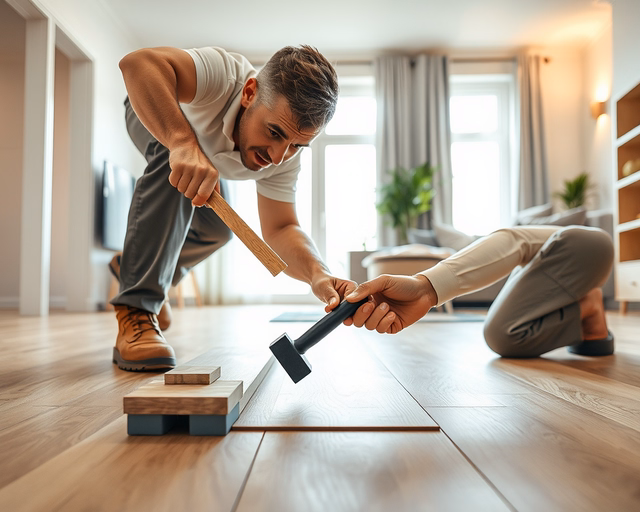 Laminált parketta: szakember precízen és halk mozdulatokkal illeszti össze a panelek zárórendszerét, ragasztó nélkül, gumikalapáccsal finoman ütve a tökéletes illeszkedésért.