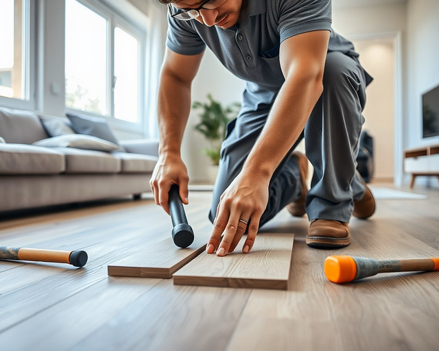 Laminált szalagparketta lerakása: mester pontosan méri, vágja és illeszti a lamellákat, ütőfával koccan, rétegek között légrést hagy — profin befejezett padló.