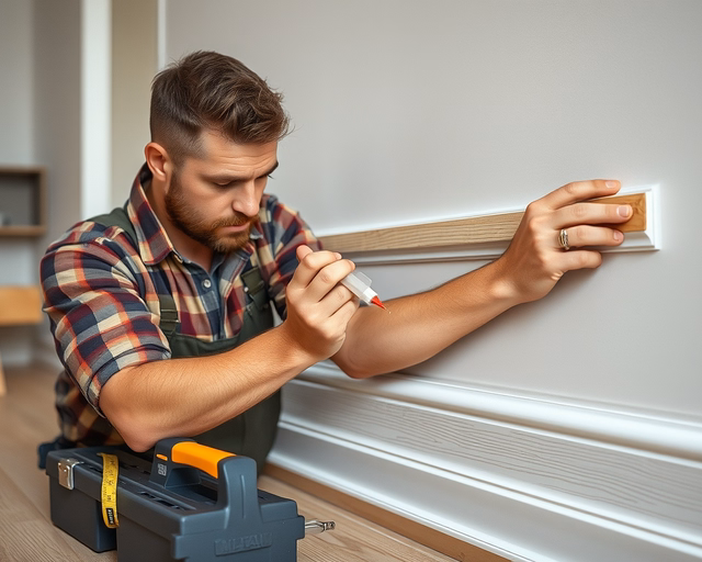 Laminált szegélyléc rögzítése: mester gumikalapáccsal finoman üti a lécet a falhoz ragasztószalagon, miközben pontosan illeszti és letisztítja a felesleges ragasztót.