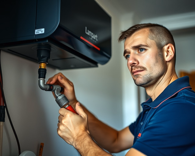 A szerelő precízen rögzíti a Lampart konvektort a falra, elektromos csatlakozásokat beköti és szigetelést ellenőriz, hogy a készülék biztonságosan és hatékonyan működjön.