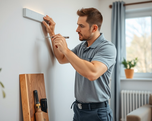 A szerelő Lampart konvektor parapet fölé emeli, precízen rögzíti a fali konzolt, beköti a fűtőegység csatlakozóit és ellenőrzi a víz- és gázmentességet a végső beüzemelés előtt.