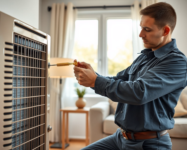 Lampart konvektor szerviz: műszerész kesztyűben szétszereli a konvektor burkolatát, ellenőrzi a hőcserélőt és csatlakozásokat, tisztítja a ventilátort és cseréli a meghibásodott alkatrészt.